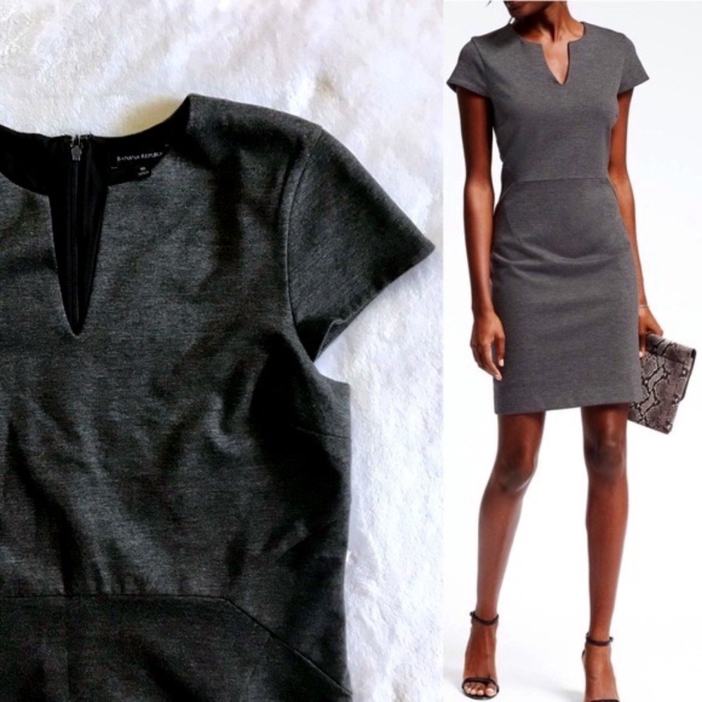Banana Republic Gray Heather Cap Sleeve Ponte Sheath V-Neck Dress size 12
